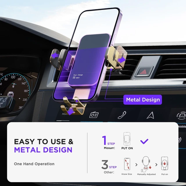 Alt view image 5 of 7 - Wireless Car Charger,7 Colored RGB Backlit 15W Auto Clamping Phone Holders for Your Car for iPhone 16 15 14 13 12 Mini Pro Max 11 XR XS X, Samsung Galaxy S24 Ultra S23 S22 S21+ Note 20, etc - Gold