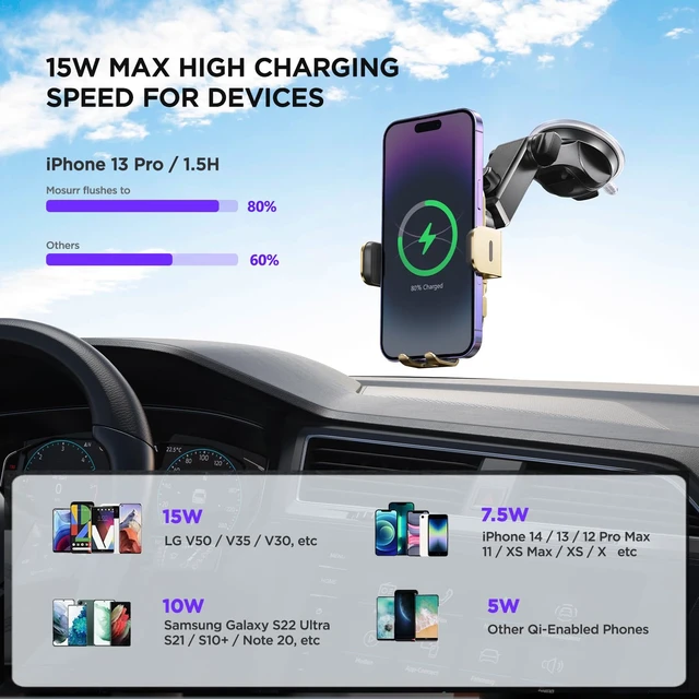 Alt view image 3 of 7 - Wireless Car Charger,7 Colored RGB Backlit 15W Auto Clamping Phone Holders for Your Car for iPhone 16 15 14 13 12 Mini Pro Max 11 XR XS X, Samsung Galaxy S24 Ultra S23 S22 S21+ Note 20, etc - Gold