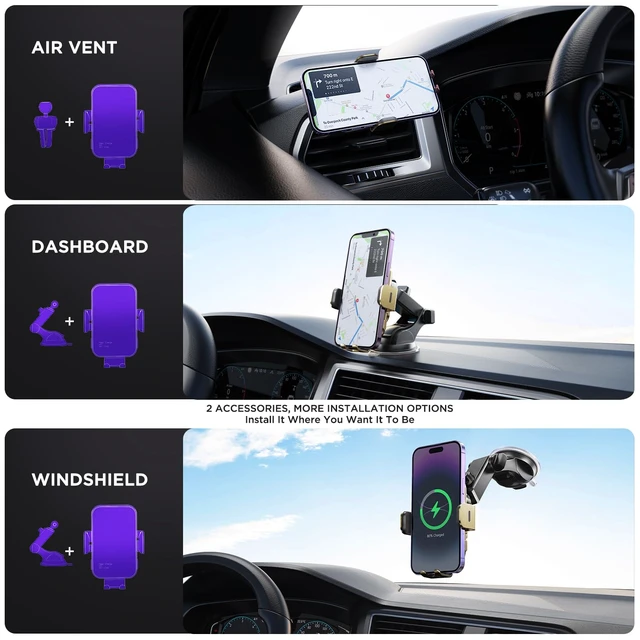 Alt view image 6 of 7 - Wireless Car Charger,7 Colored RGB Backlit 15W Auto Clamping Phone Holders for Your Car for iPhone 16 15 14 13 12 Mini Pro Max 11 XR XS X, Samsung Galaxy S24 Ultra S23 S22 S21+ Note 20, etc - Gold