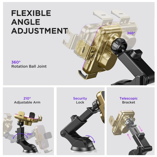Alt view image 7 of 7 - Wireless Car Charger,7 Colored RGB Backlit 15W Auto Clamping Phone Holders for Your Car for iPhone 16 15 14 13 12 Mini Pro Max 11 XR XS X, Samsung Galaxy S24 Ultra S23 S22 S21+ Note 20, etc - Gold