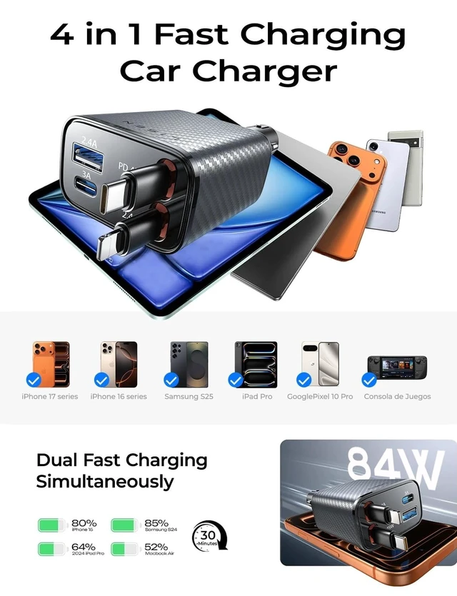 Alt view image 7 of 7 - LISEN Retractable Car Charger, 84W Car Charger USB C Fast Charger Adapter, Car Accessories for Men Women, Gifts for Fathers Day for Men Dad Husband, for iPhone 17 16 15 14 13 12 Pro Max, Carbon-Grey