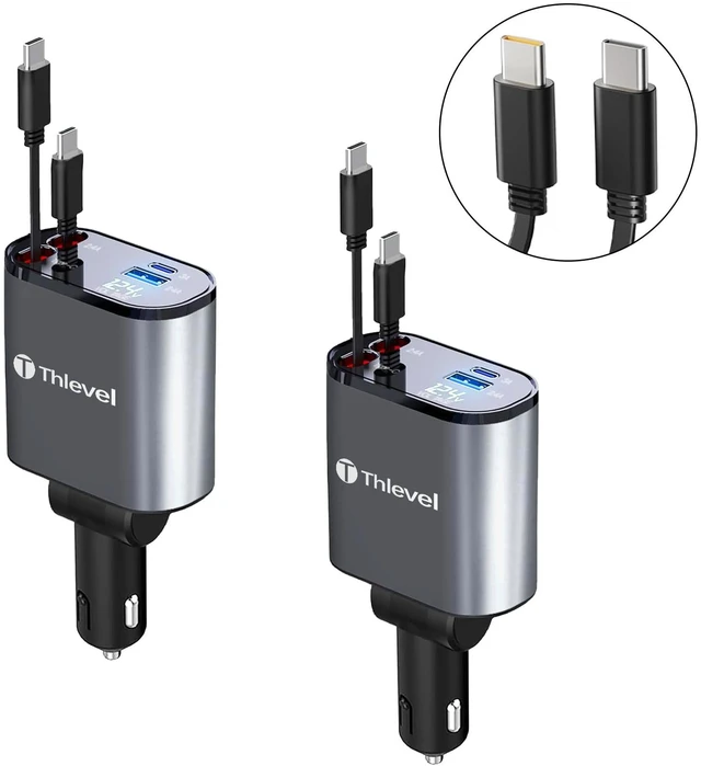 Main image of Thlevel Retractable Car Charger 4 in 1 USB C Fast Charger with Dual Type-C Cables (31.5 inch) with Voltage Display Compatible with iPhone 16/15 Pro Max Samsung Galaxy Note(2 Pack)