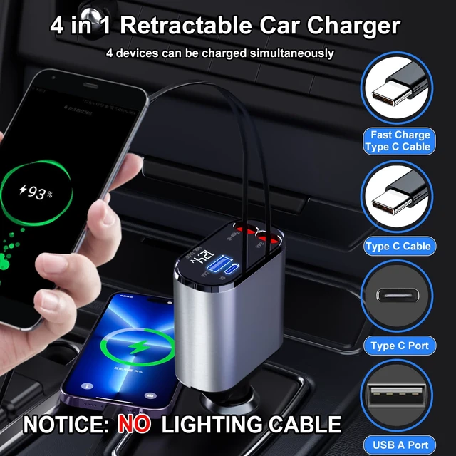 Alt view image 4 of 7 - Thlevel Retractable Car Charger 4 in 1 USB C Fast Charger with Dual Type-C Cables (31.5 inch) with Voltage Display Compatible with iPhone 16/15 Pro Max Samsung Galaxy Note(2 Pack)