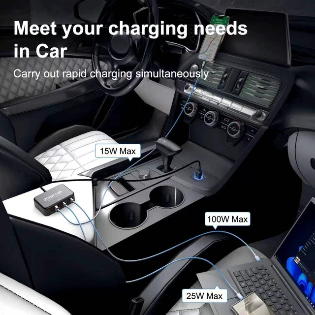 Alt view image 5 of 7 - Dzytnsy 200W Car Fast Charging Station,6 Ports, Compatible with MacBook pro/Air/M5 M4 M3 M2 M1/Dell/Lenovo/HP,for iPhone18/17/16/15 Series,Samsung Galaxy S26/S25 Ultra/S24 Series and More