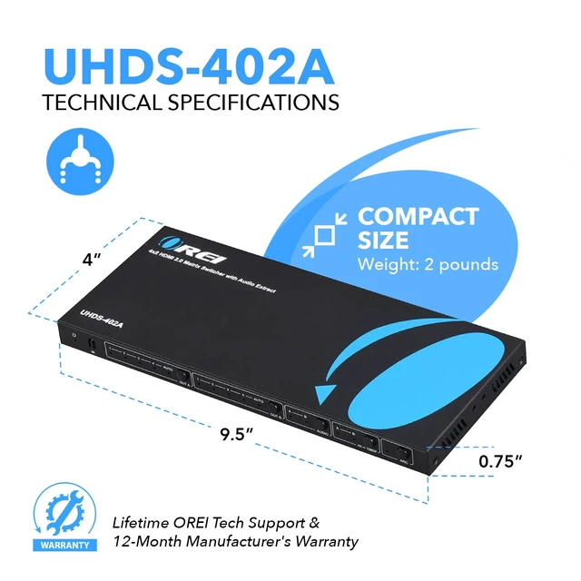 Alt view image 5 of 7 - OREI 4x2 HDMI Matrix Switch 4K with Audio Extraction, ARC, EDID, Downscale | HDMI Switch with Audio Extractor, 4 HDMI Ports Matrix 18Gbps, Dolby Vision, HDR10+, HLG, optical & analog L/R out