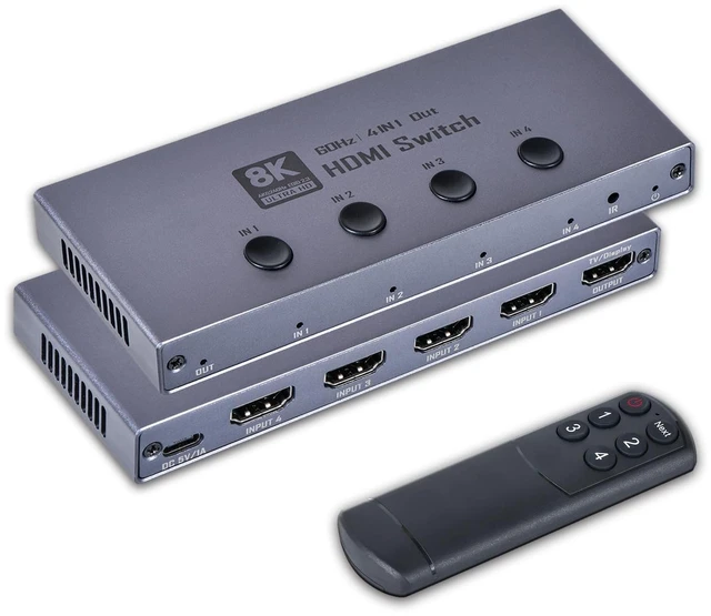 Main image of 8K HDMI 2.1 Switch, HDMI 2.1 Switcher 4 in 1 Out Supports 8K@60Hz, 4K@120Hz, 1080P@240Hz, HDCP 2.3 CEC VRR ALLM HDR 10+ 3D Dolby Atmos Compatible with PS5 Xbox Blu-Ray Player etc