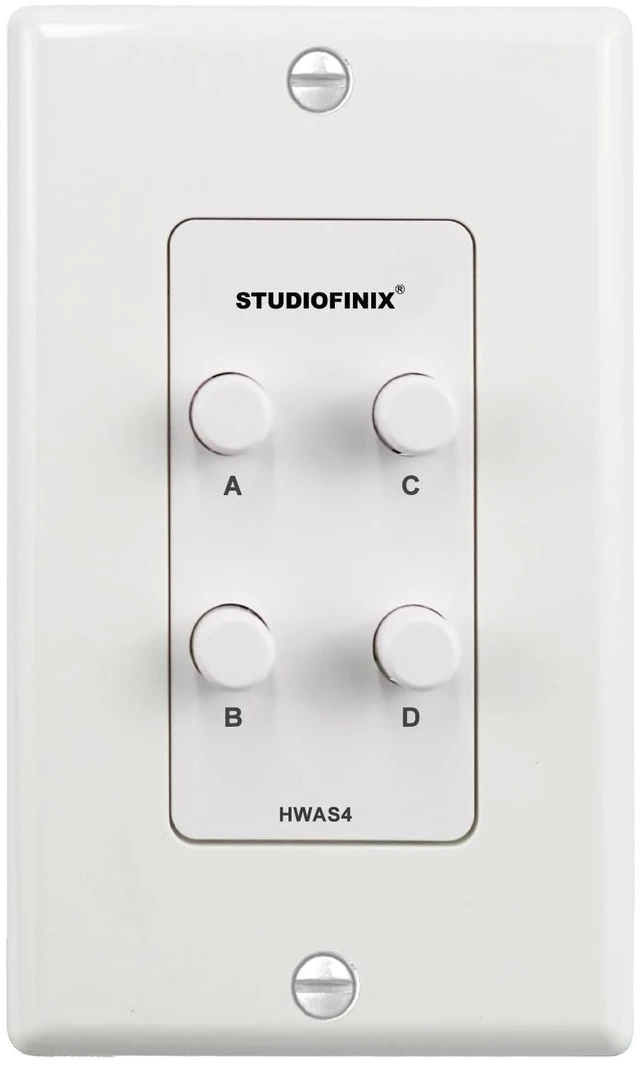 Main image of STUDIOFINIX in-Wall 4-Zone A/B/C/D Speaker Selector Switch, 120W Peak Power Per Channel Speaker Controller Box, Controls 4 Pairs of Speakers, Fits Standard Single-Gang Wall Box for Whole-Home Stereo