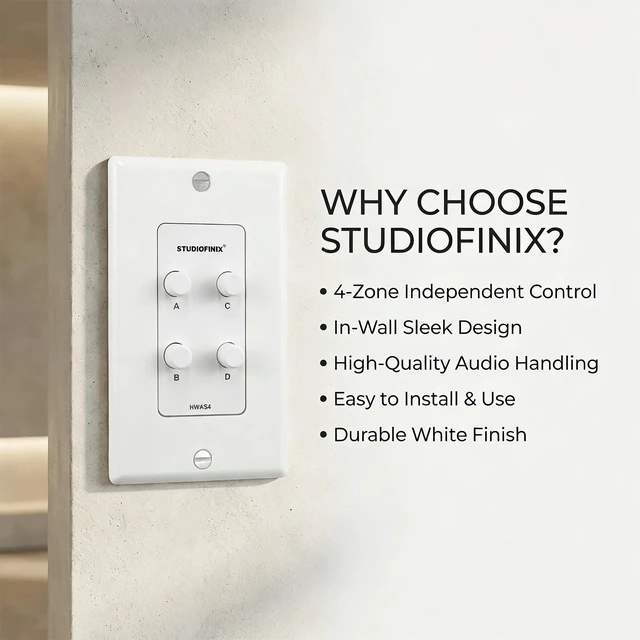Alt view image 2 of 6 - STUDIOFINIX in-Wall 4-Zone A/B/C/D Speaker Selector Switch, 120W Peak Power Per Channel Speaker Controller Box, Controls 4 Pairs of Speakers, Fits Standard Single-Gang Wall Box for Whole-Home Stereo