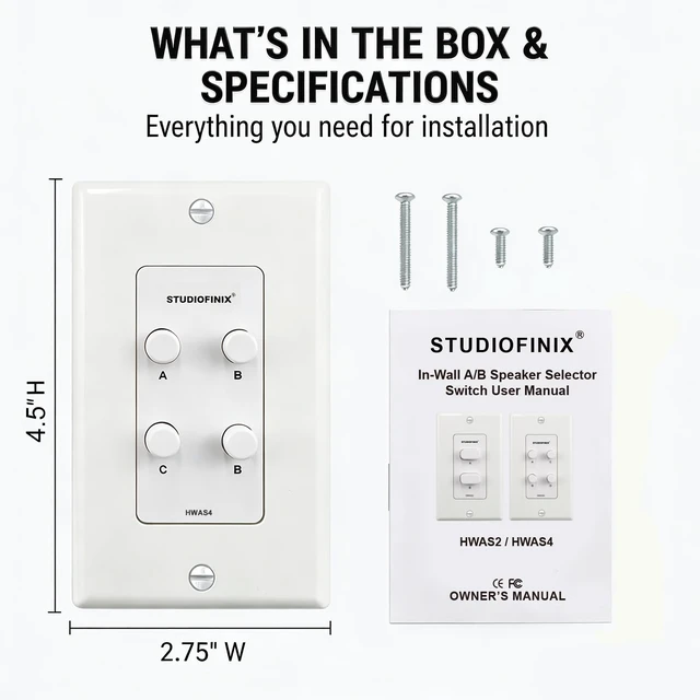 Alt view image 6 of 6 - STUDIOFINIX in-Wall 4-Zone A/B/C/D Speaker Selector Switch, 120W Peak Power Per Channel Speaker Controller Box, Controls 4 Pairs of Speakers, Fits Standard Single-Gang Wall Box for Whole-Home Stereo