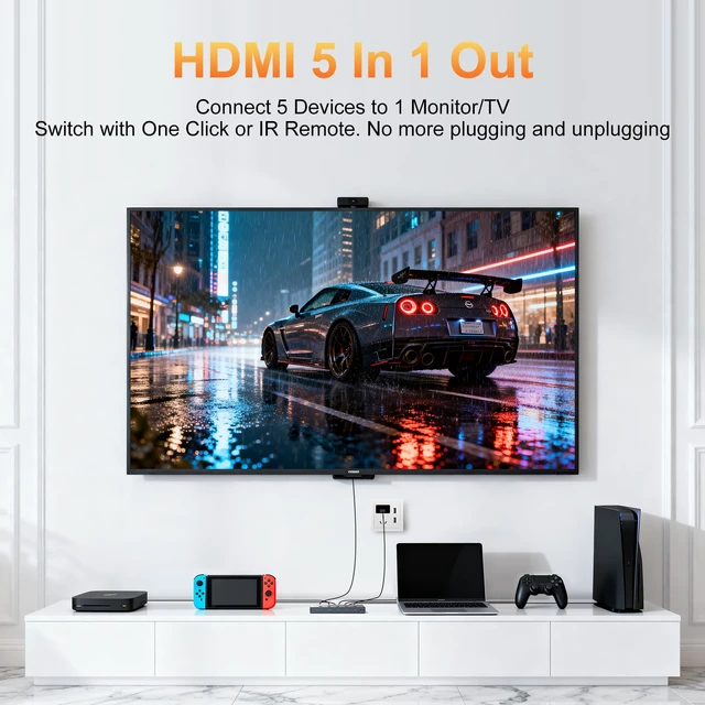 Alt view image 2 of 7 - HDMI 2.1 Switch 5 in 1 Out 8K@60Hz 4K@240Hz with IR Remote | Supports PS5, Xbox, PC, Switch. 48Gbps, VRR, ALLM, HDR10+, Atmos, CEC, HDCP 2.3. Aluminum plug-play, memory retention
