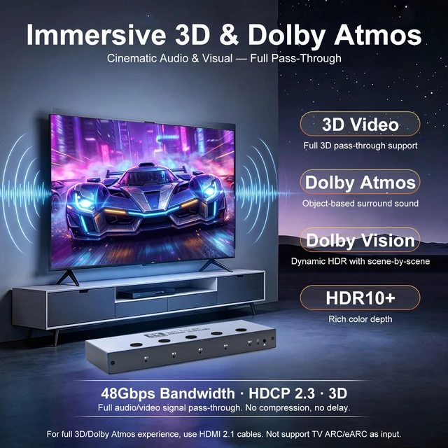 Alt view image 3 of 7 - HDMI 2.1 Switch 5 in 1 Out 8K@60Hz 4K@240Hz with IR Remote | Supports PS5, Xbox, PC, Switch. 48Gbps, VRR, ALLM, HDR10+, Atmos, CEC, HDCP 2.3. Aluminum plug-play, memory retention
