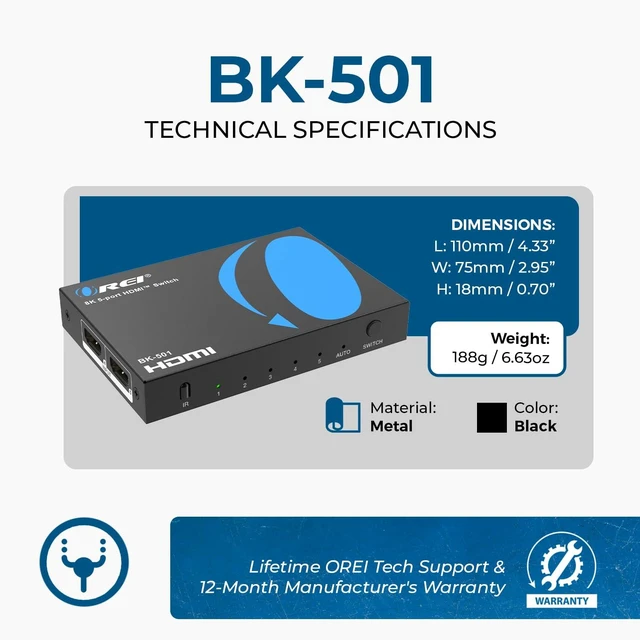 Alt view image 5 of 7 - OREI 8K@60Hz 4K@120Hz HDMI 2.1 Switch 5 in 1 Out 48Gbps, HDR10+ W/Remote | Hdmi Switch with remote, 4K@240Hz with DSC, VRR, ALLM, QFT, CEC, PS5/Xbox Roku, Apple TV, Fire Stick, HDCP 2.3 Compatible