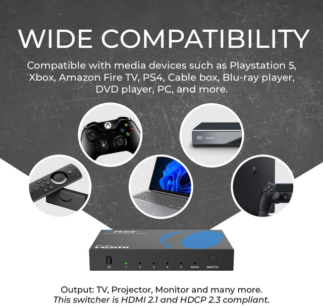 Alt view image 7 of 7 - OREI 8K@60Hz 4K@120Hz HDMI 2.1 Switch 5 in 1 Out 48Gbps, HDR10+ W/Remote | Hdmi Switch with remote, 4K@240Hz with DSC, VRR, ALLM, QFT, CEC, PS5/Xbox Roku, Apple TV, Fire Stick, HDCP 2.3 Compatible