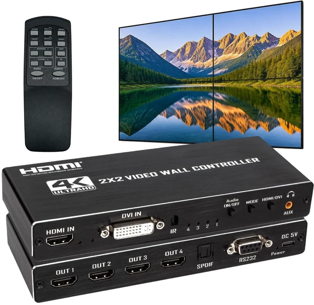 Main image of 2x2 4k Video Wall Controller, Transform 4 TV Screens into a Single Wall Display with HDMI & DVI 4K Input, 180° Rotation, Audio Output, IR Remote/RS232/Button Press Control
