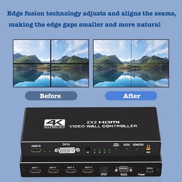 Alt view image 6 of 7 - 2x2 4k Video Wall Controller, Transform 4 TV Screens into a Single Wall Display with HDMI & DVI 4K Input, 180° Rotation, Audio Output, IR Remote/RS232/Button Press Control