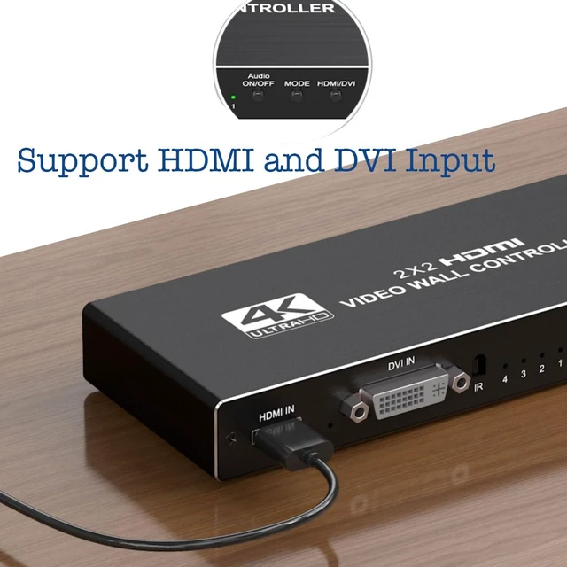 Alt view image 7 of 7 - 2x2 4k Video Wall Controller, Transform 4 TV Screens into a Single Wall Display with HDMI & DVI 4K Input, 180° Rotation, Audio Output, IR Remote/RS232/Button Press Control