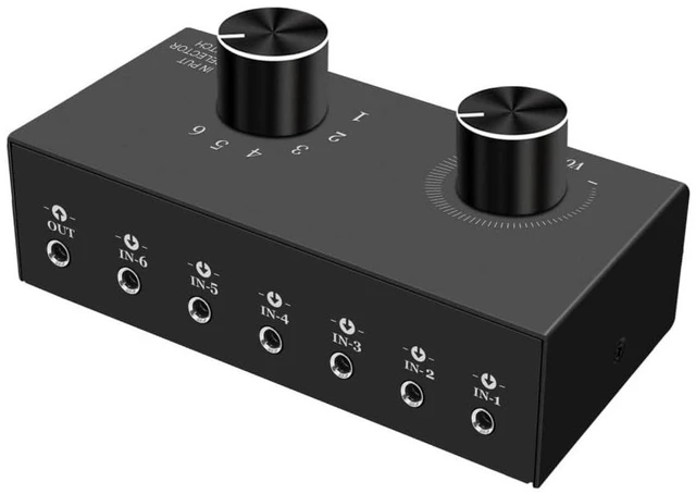 Main image of 6-Way Audio Switcher, 3.5mm (1/8") Stereo Audio Switcher, Plug & Play Compatible with PC, Laptop, MP3, MP4, Headphone, Game System ect. (6 in-1 Out)