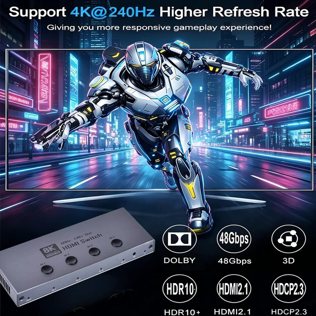 Alt view image 5 of 7 - 8K HDMI 2.1 Switch, HDMI 2.1 Switcher 4 in 1 Out Supports CEC 8K@60Hz, 4K@240Hz, 1080P@480Hz, HDCP 2.3 HDR 3D Dolby Atmos VRR Compatible with PS5 Xbox Blu-Ray Player with IR Remote Controller