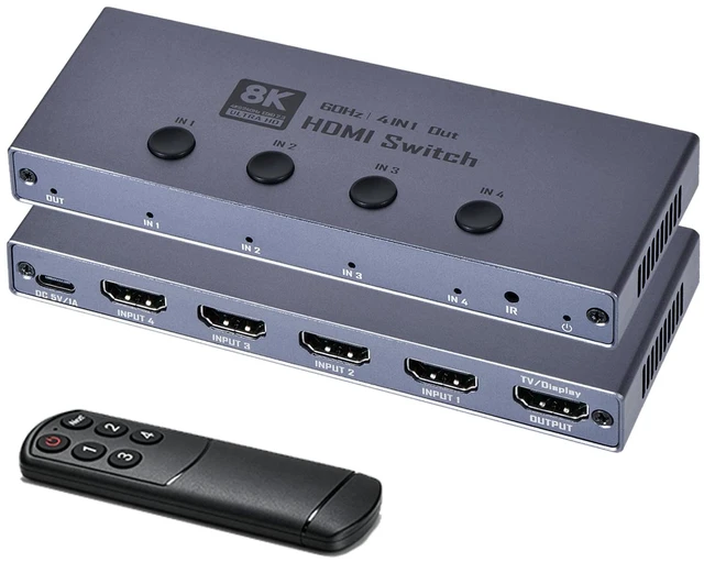 Main image of 8K HDMI 2.1 Switch, HDMI 2.1 Switcher 4 in 1 Out Supports CEC 8K@60Hz, 4K@240Hz, 1080P@480Hz, HDCP 2.3 HDR 3D Dolby Atmos VRR Compatible with PS5 Xbox Blu-Ray Player with IR Remote Controller