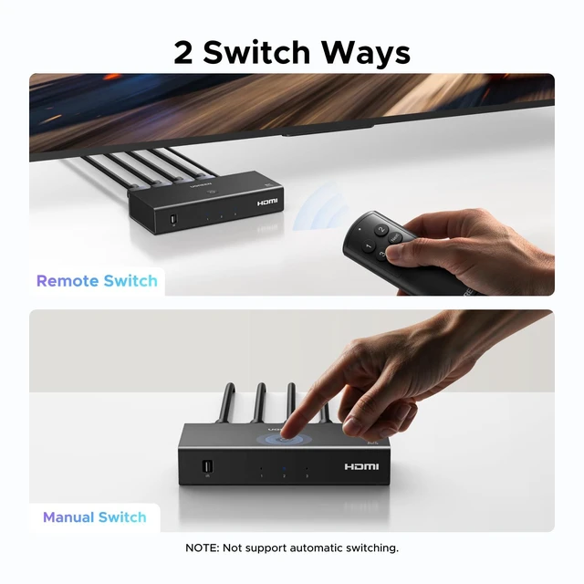 Alt view image 7 of 7 - 8K@60Hz HDMI 2.1 Switch 3 in 1 Out, with Remote, VRR, 4K@240Hz | Ultra HD, Support G-Sync, Free Sync, HDR10+ HDCP 2.3, HDMI Splitter, Compatible with PS4/PS5, Xbox, Switch, Roku, Fire Stick