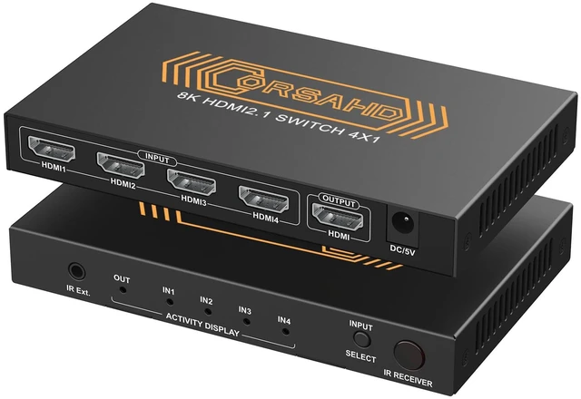 Main image of CORSAHD 8K@60Hz HDMI 2.1 Switch 4x1 4K 120Hz 48Gbps,HDCP 2.3,ARC,VRR,CEC,HDMI Switcher 4 in 1 Out,4 Port HDMI Selector,IR Remote,3D,HDR 10,Dolby Atmos,for TV,PS5,Xbox,Fire Stick,Roku,Blu Ray,Projector