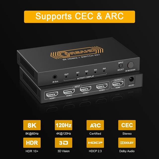 Alt view image 4 of 7 - CORSAHD 8K@60Hz HDMI 2.1 Switch 4x1 4K 120Hz 48Gbps,HDCP 2.3,ARC,VRR,CEC,HDMI Switcher 4 in 1 Out,4 Port HDMI Selector,IR Remote,3D,HDR 10,Dolby Atmos,for TV,PS5,Xbox,Fire Stick,Roku,Blu Ray,Projector