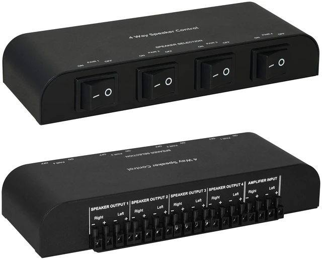 Main image of XtremPro 2 or 4 Way Speaker Switch, 1 in 2 Out or 1 in 4 Out Way Pair Stereo Speaker Selector W/Screw Type Connections Metal Non-Slip Box - 61051 (1 x 4 Way)
