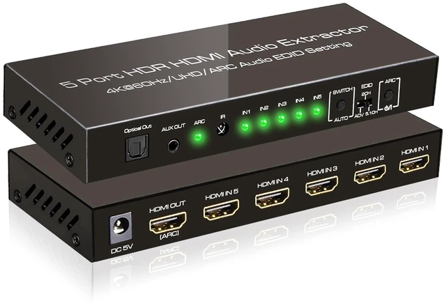 Main image of SkycropHD 4K@60Hz HDMI Switch Audio Extractor Converter 5 in 1 Out | HDMI Switcher with Remote, Optical 3.5mm AUX Audio Output, Support ARC, HDR10, HDCP 2.2, Auto Switch for PS4, Xbox, PC, TV