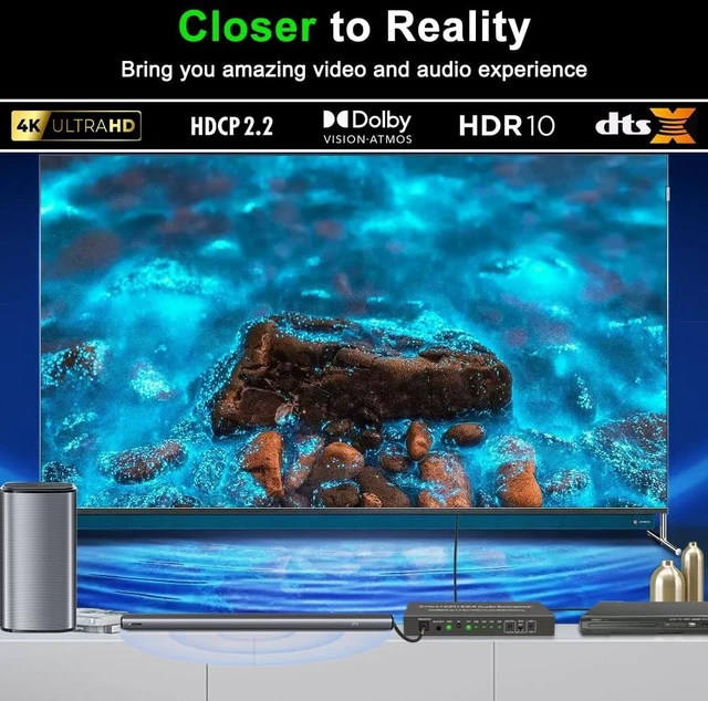 Alt view image 2 of 7 - SkycropHD 4K@60Hz HDMI Switch Audio Extractor Converter 5 in 1 Out | HDMI Switcher with Remote, Optical 3.5mm AUX Audio Output, Support ARC, HDR10, HDCP 2.2, Auto Switch for PS4, Xbox, PC, TV