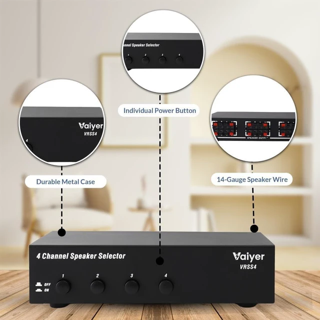 Alt view image 6 of 7 - Vaiyer 4-Channel Speaker Selector Switch Box | 600W Max Multi-Room Speaker Distribution System with Impedance Protection, Connect Up to 4 Pairs of Speakers to One Amplifier