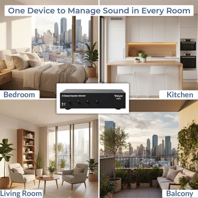 Alt view image 4 of 7 - Vaiyer 4-Channel Speaker Selector Switch Box | 600W Max Multi-Room Speaker Distribution System with Impedance Protection, Connect Up to 4 Pairs of Speakers to One Amplifier