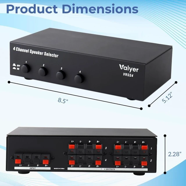 Alt view image 7 of 7 - Vaiyer 4-Channel Speaker Selector Switch Box | 600W Max Multi-Room Speaker Distribution System with Impedance Protection, Connect Up to 4 Pairs of Speakers to One Amplifier