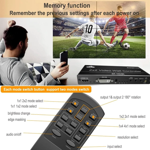 Alt view image 4 of 7 - Video Wall Controller2x2 4k,HDMI & DVI 4k Input Makes 4 TV Screens Into 1 Video Wall Display, 180° Rotate, Extra Audio, IR Remote &RS232+Button Press, Video Wall Controller 1x2,1x3,1x4,2x1,3x1x4x1