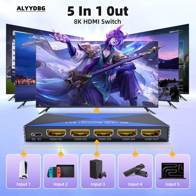 Alt view image 2 of 7 - 4K@240Hz ALYYDBG HDMI 2.1 Switch 5 in 1 Out Support 3D HDR10+ HDCP 2.3 VRR | Compatible with PS5/4 Xbox Nienteen Switch Roku Fire Stick Apple TV to Connect your TV Monitor Projector