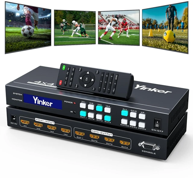 Main image of Yinker 4K HDMI Matrix Switch 4x4, HDMI Matrix Switcher/Splitter 4 in 4 Out with Backlit Button, Support 4K@30Hz 4:4:4, IR Remote & RS232 Control, HDCP, EDID, RGB, YUV(Downscale 4K & 1080P Together)