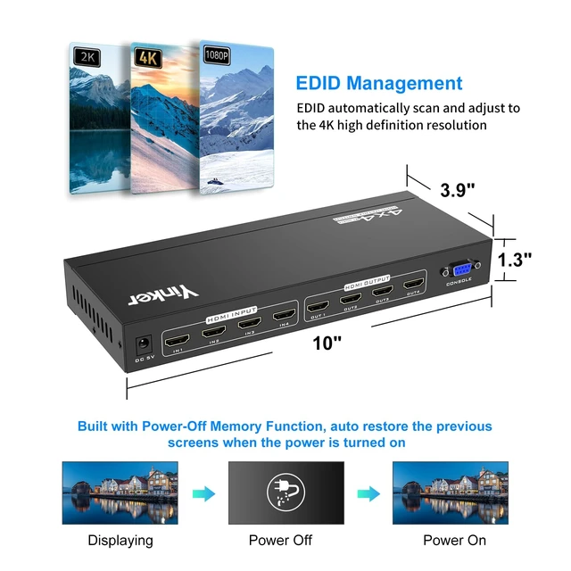 Alt view image 5 of 7 - Yinker 4K HDMI Matrix Switch 4x4, HDMI Matrix Switcher/Splitter 4 in 4 Out with Backlit Button, Support 4K@30Hz 4:4:4, IR Remote & RS232 Control, HDCP, EDID, RGB, YUV(Downscale 4K & 1080P Together)
