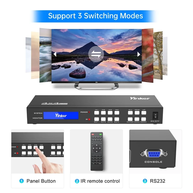 Alt view image 4 of 7 - Yinker 4K HDMI Matrix Switch 4x4, HDMI Matrix Switcher/Splitter 4 in 4 Out with Backlit Button, Support 4K@30Hz 4:4:4, IR Remote & RS232 Control, HDCP, EDID, RGB, YUV(Downscale 4K & 1080P Together)