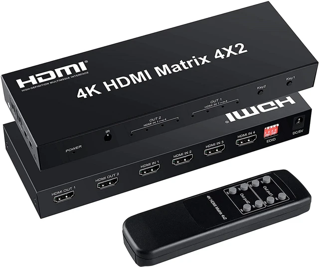 Main image of FERRISA 4x2 HDMI Matrix Switch, 4 in 2 Out Matrix HDMI Video Switcher Splitter + Optical & L/R Audio Output, Support Ultra HD 4K,3D 1080P, Audio EDID Extractor with IR Remote Control