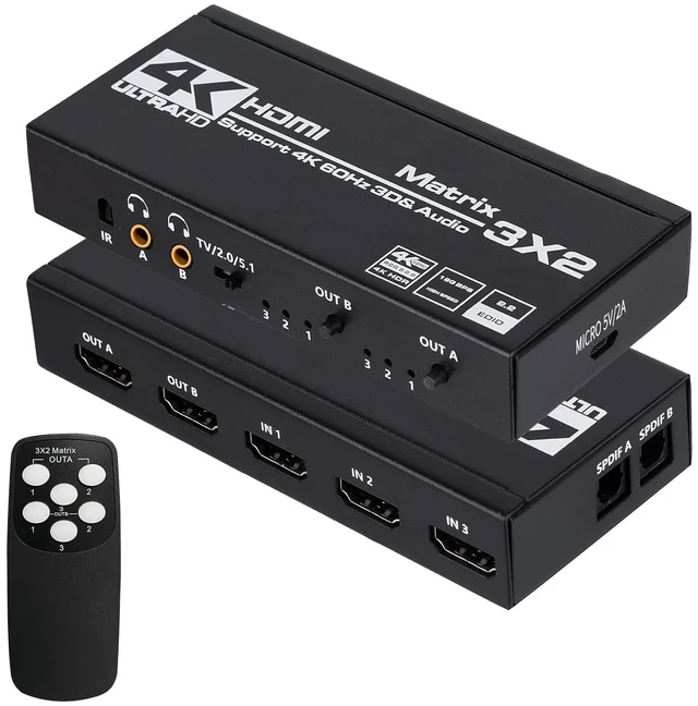 Main image of HDMI Matrix 3x2, 4K HDMI Matrix Switch 3 in 2 Out Switcher Splitter Box with EDID Extractor and IR Remote Control, Support Ultra 4K HDR, 4Kx2K@60Hz, 3D/1080PHDMI 2.0b, HDCP 2.2