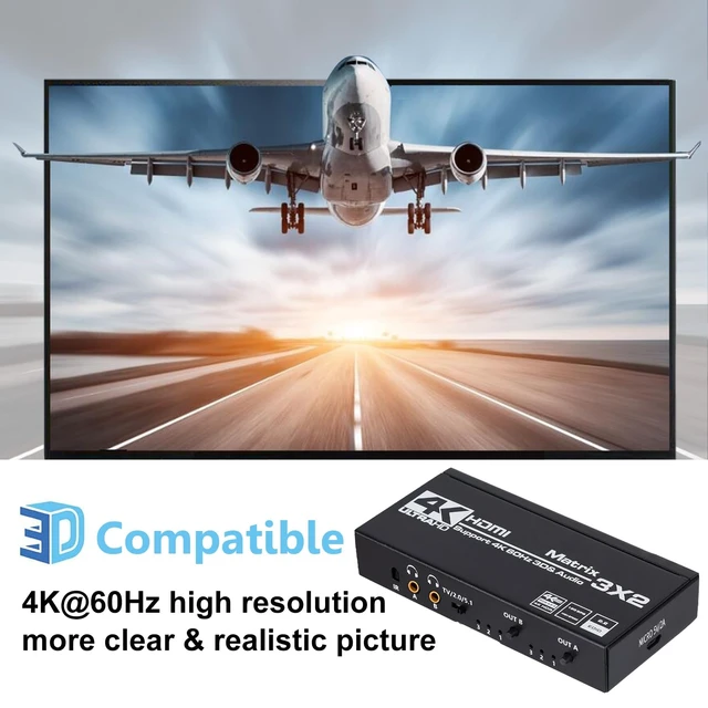 Alt view image 4 of 6 - HDMI Matrix 3x2, 4K HDMI Matrix Switch 3 in 2 Out Switcher Splitter Box with EDID Extractor and IR Remote Control, Support Ultra 4K HDR, 4Kx2K@60Hz, 3D/1080PHDMI 2.0b, HDCP 2.2