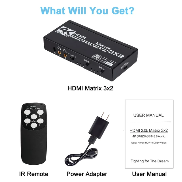 Alt view image 6 of 6 - HDMI Matrix 3x2, 4K HDMI Matrix Switch 3 in 2 Out Switcher Splitter Box with EDID Extractor and IR Remote Control, Support Ultra 4K HDR, 4Kx2K@60Hz, 3D/1080PHDMI 2.0b, HDCP 2.2
