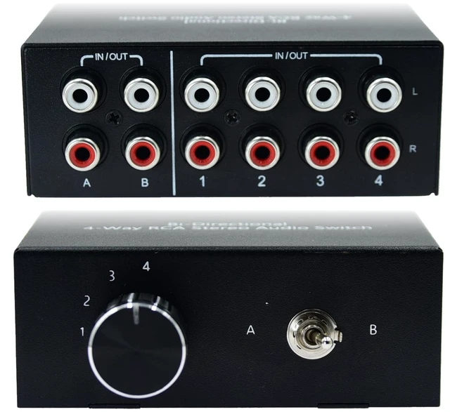 Main image of Bi-Directional No External Power No Noise 4 Way 2 in 4 Out or 4 in 2 Out Audio Sound selector RCA Female Stereo 4 Channel Splitter switcher Box Switching