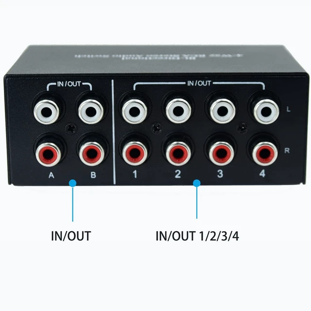 Alt view image 2 of 7 - Bi-Directional No External Power No Noise 4 Way 2 in 4 Out or 4 in 2 Out Audio Sound selector RCA Female Stereo 4 Channel Splitter switcher Box Switching