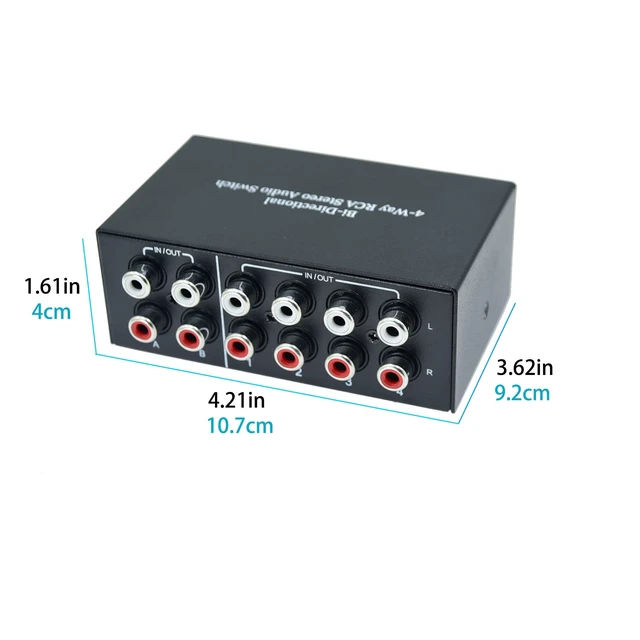 Alt view image 5 of 7 - Bi-Directional No External Power No Noise 4 Way 2 in 4 Out or 4 in 2 Out Audio Sound selector RCA Female Stereo 4 Channel Splitter switcher Box Switching