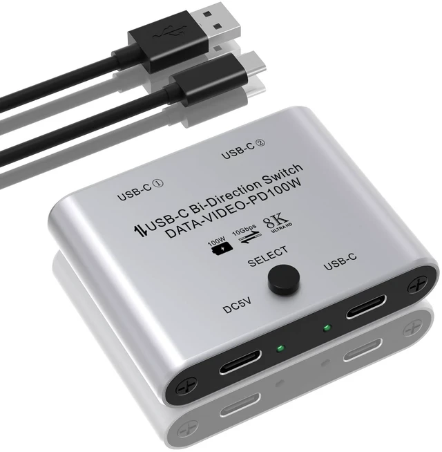 Main image of 8K USB C Switch, Bi-Directional USB C Switcher for 2 Computers - 8K@60Hz/4K@120Hz Video + 100W PD Charging + 10Gbps Data Transfer, 1 in 2 Out / 2 in 1 Out USB C Splitter Switch with Power Cable