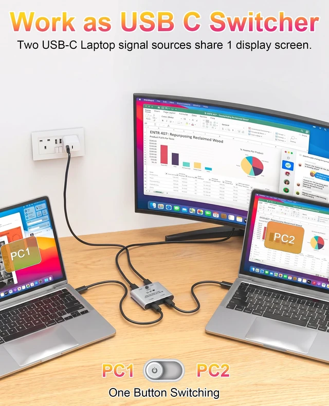 Alt view image 3 of 7 - 8K USB C Switch, Bi-Directional USB C Switcher for 2 Computers - 8K@60Hz/4K@120Hz Video + 100W PD Charging + 10Gbps Data Transfer, 1 in 2 Out / 2 in 1 Out USB C Splitter Switch with Power Cable