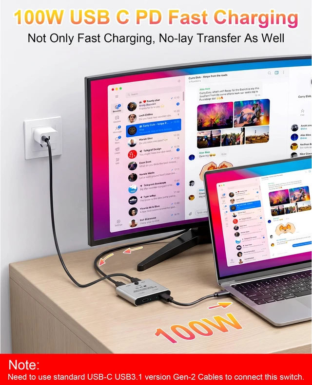 Alt view image 6 of 7 - 8K USB C Switch, Bi-Directional USB C Switcher for 2 Computers - 8K@60Hz/4K@120Hz Video + 100W PD Charging + 10Gbps Data Transfer, 1 in 2 Out / 2 in 1 Out USB C Splitter Switch with Power Cable