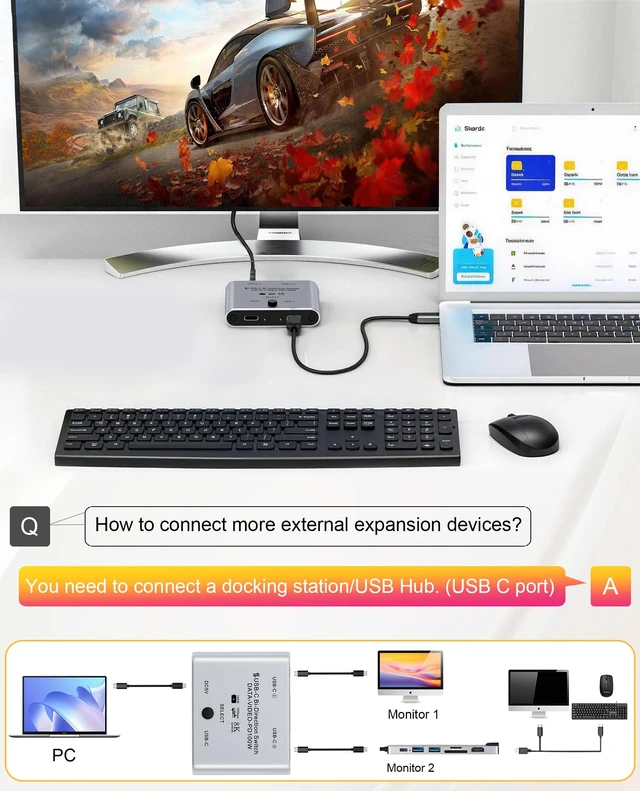 Alt view image 7 of 7 - 8K USB C Switch, Bi-Directional USB C Switcher for 2 Computers - 8K@60Hz/4K@120Hz Video + 100W PD Charging + 10Gbps Data Transfer, 1 in 2 Out / 2 in 1 Out USB C Splitter Switch with Power Cable