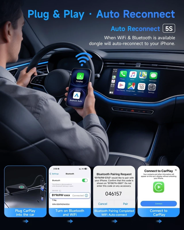 Alt view image 6 of 7 - AweEos Smarter CarPlay Pro 2-in-1 Wireless CarPlay & Android Auto Adapter | WiFi 6 & BT 5.4, Zero Latency Real-time Transmission, 5s Auto-Reconnect, Plug & Play, 98% Cars Compatible (2015+)