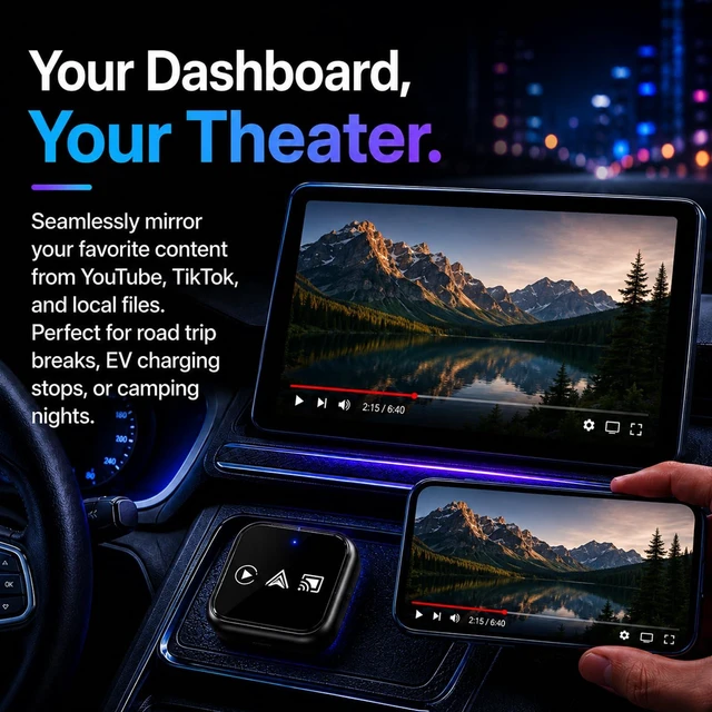 Alt view image 5 of 7 - 2026 Wireless CarPlay Adapter for iPhone, 3-in-1 Screen Mirror Car Adapter | 3-in-1 wireless upgrade with screen mirroring, 5GHz fast auto-connect, low latency, USB-A/C, for factory wired CarPlay cars